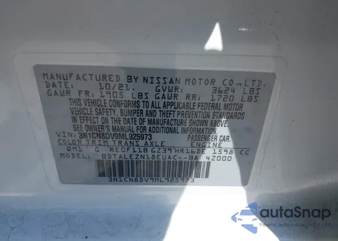 2021 Nissan Versa S Xtronic Cvt from USA, damaged, VIN 3N1CN8DV9ML925973